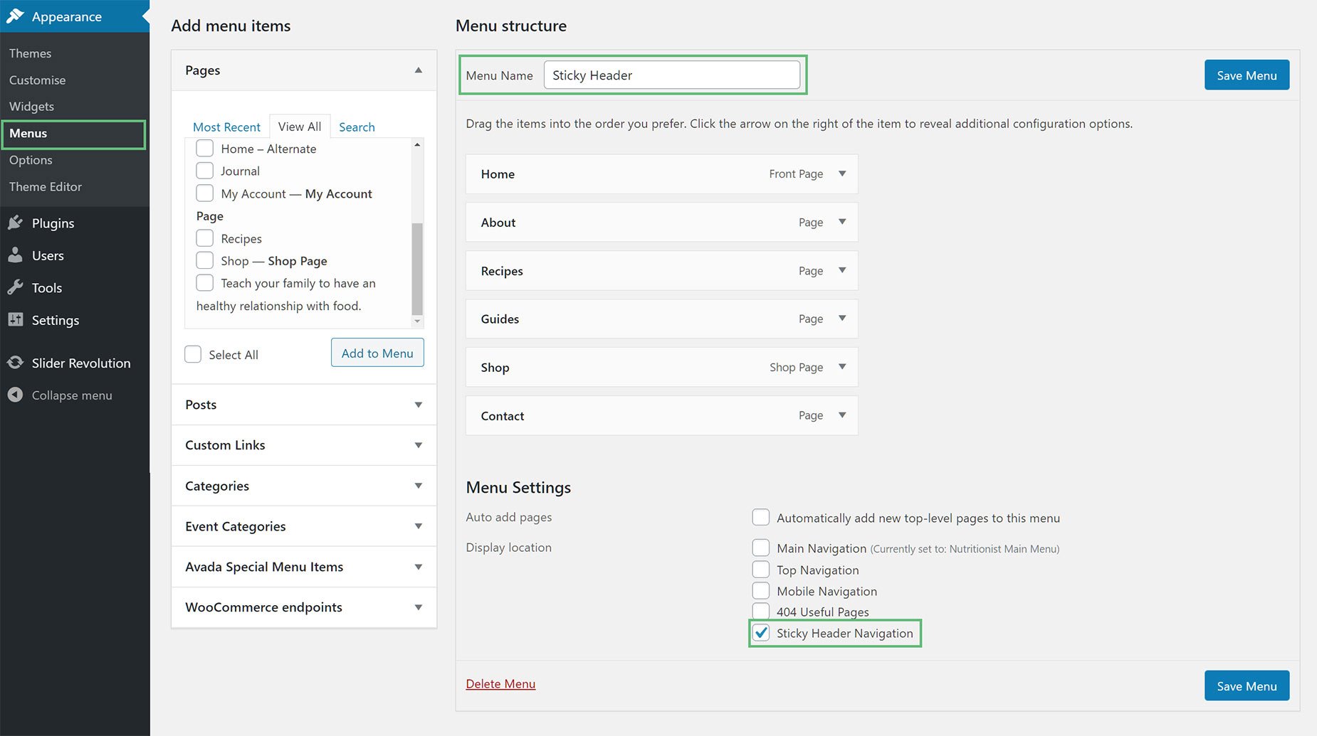 Sticky Header > Assigning Sticky Header Menu