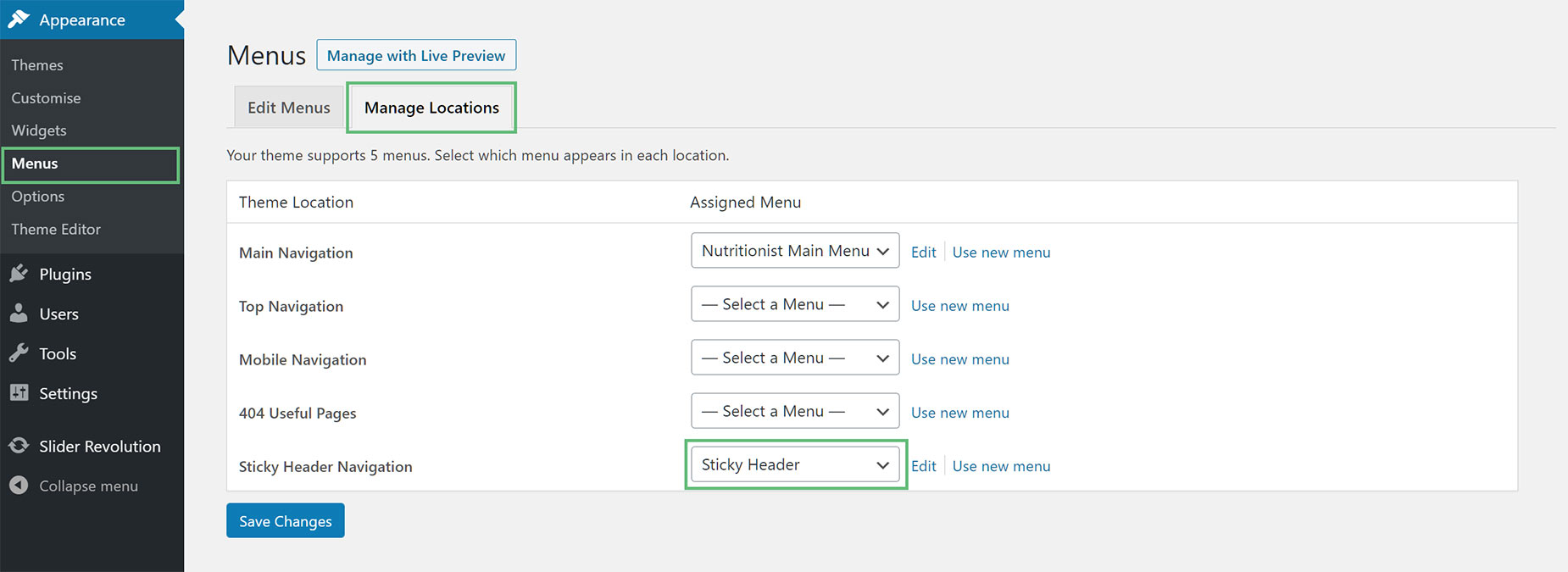 Sticky Header > Assigning Sticky Header Menu Alternate Method