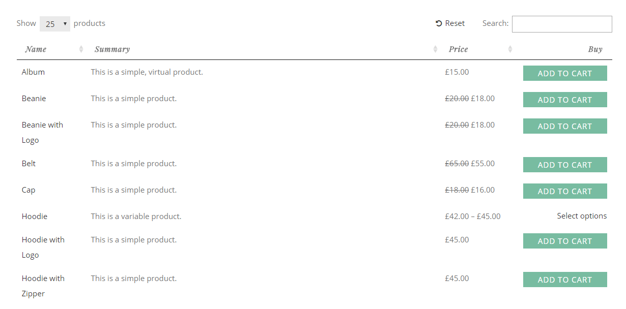 Default Product Table