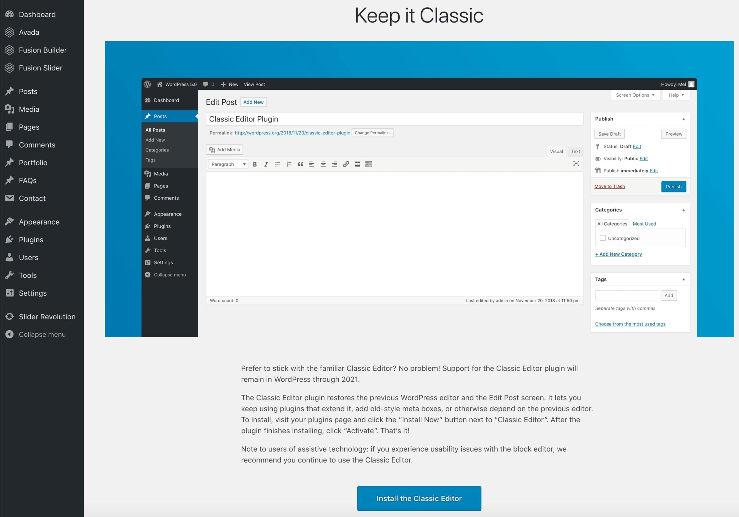WordPress 5.0 Welcome Screen