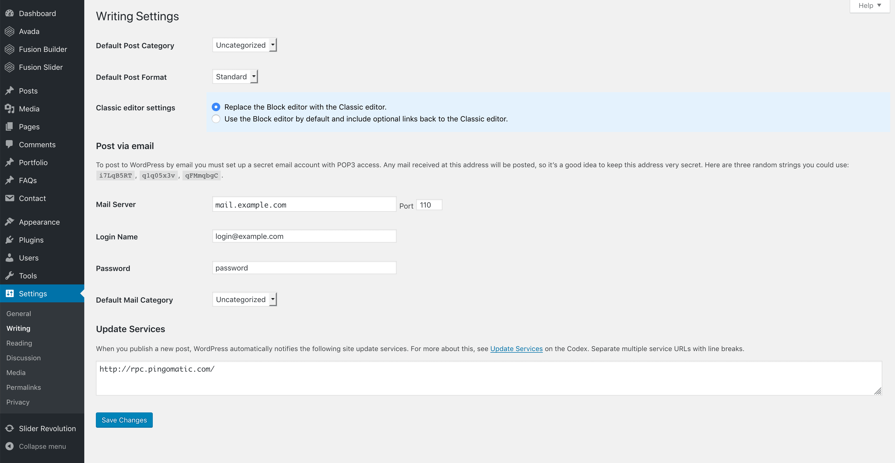 WordPress Writing Settings