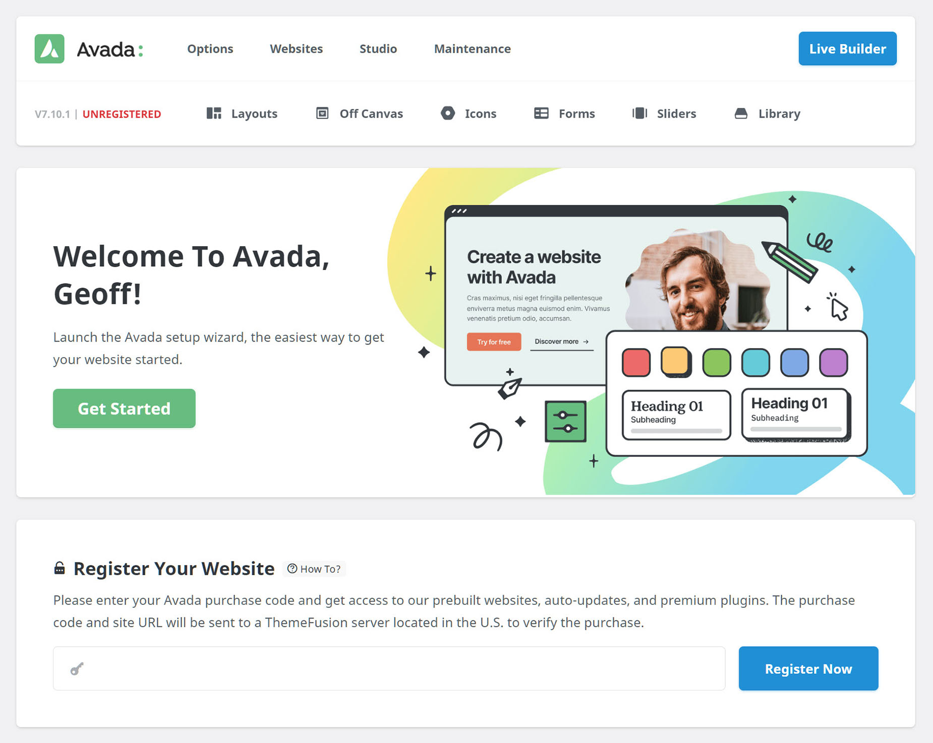 Avada Dashboard > Unregistered