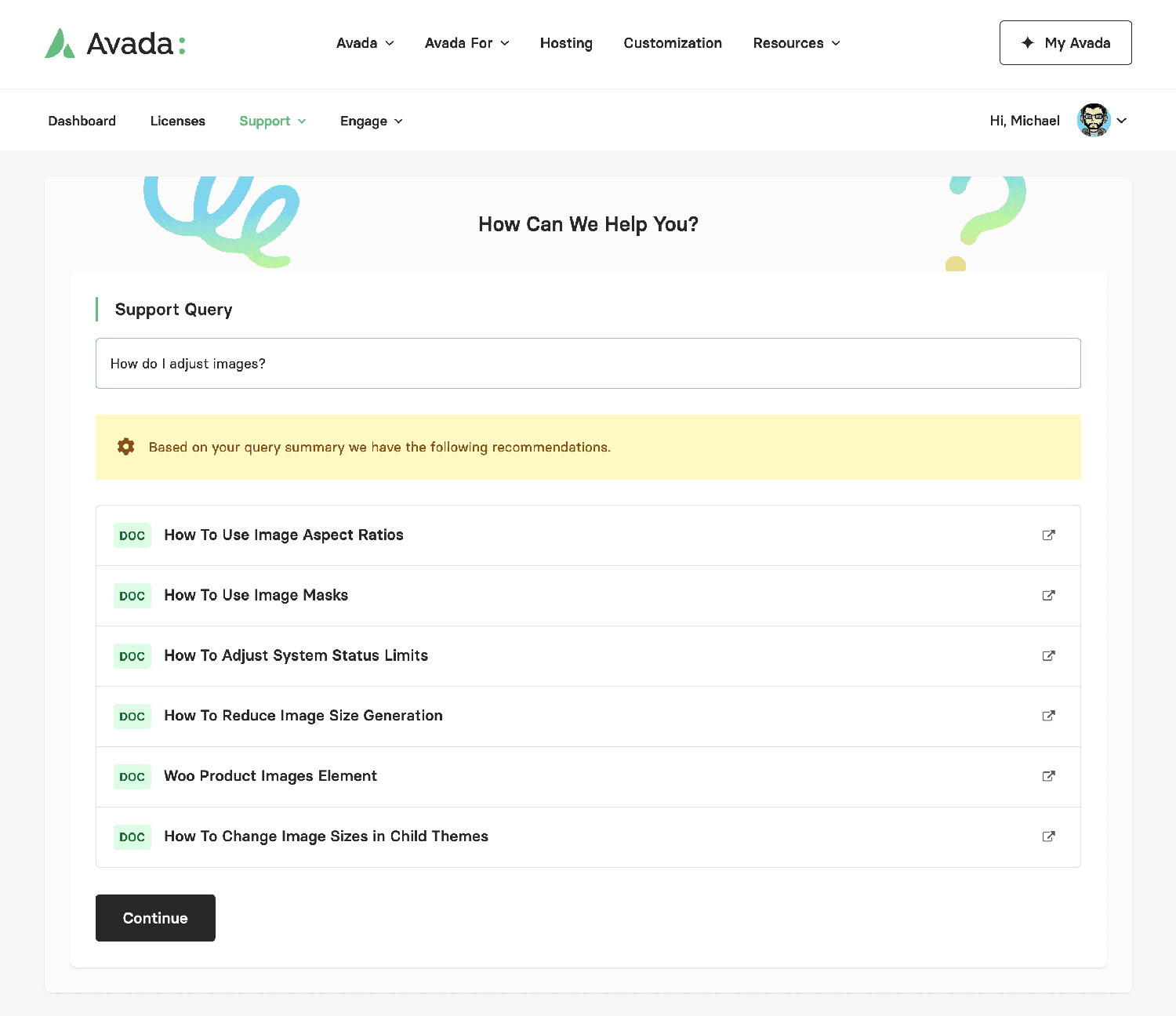 Avada Support Ticket Screen
