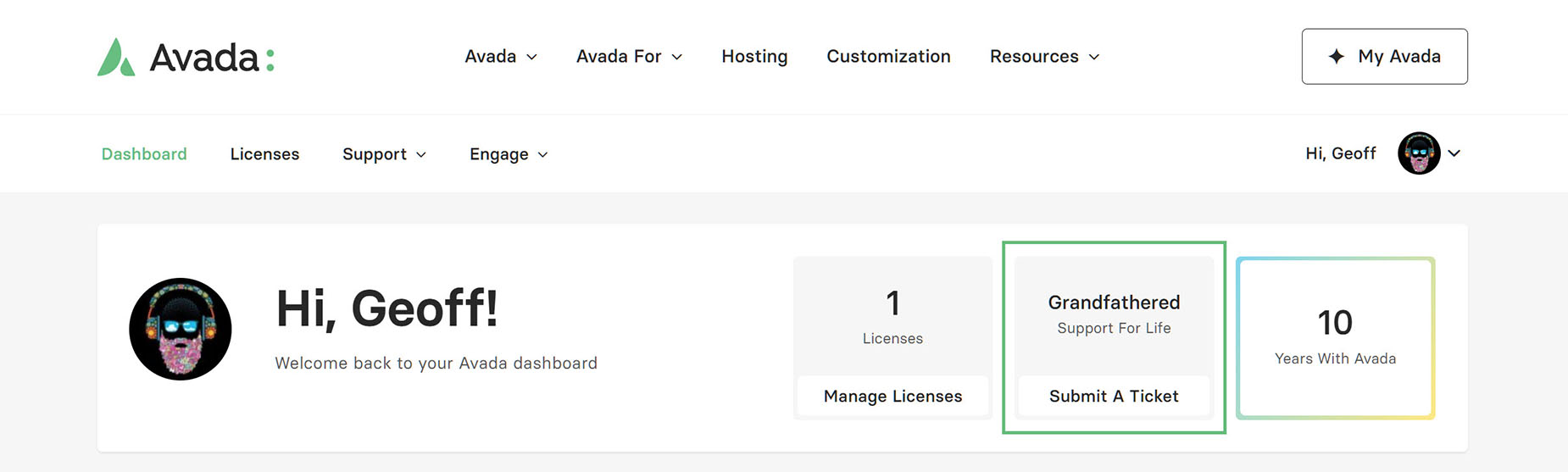 my.avada.com > Dashboard > Grandfathered Support