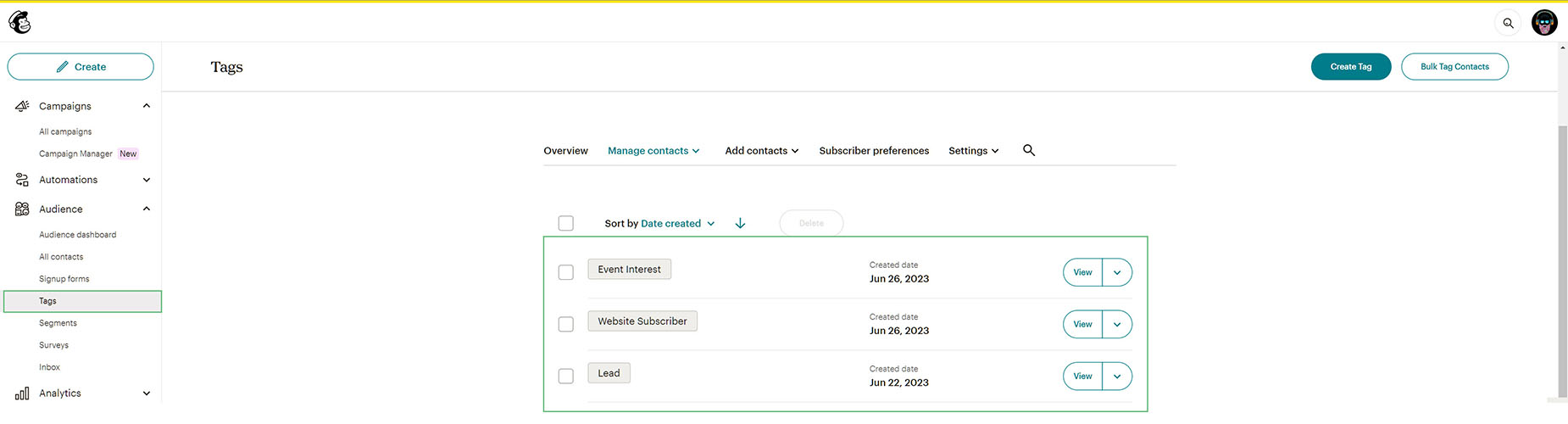 Mailchimp > Create Tags