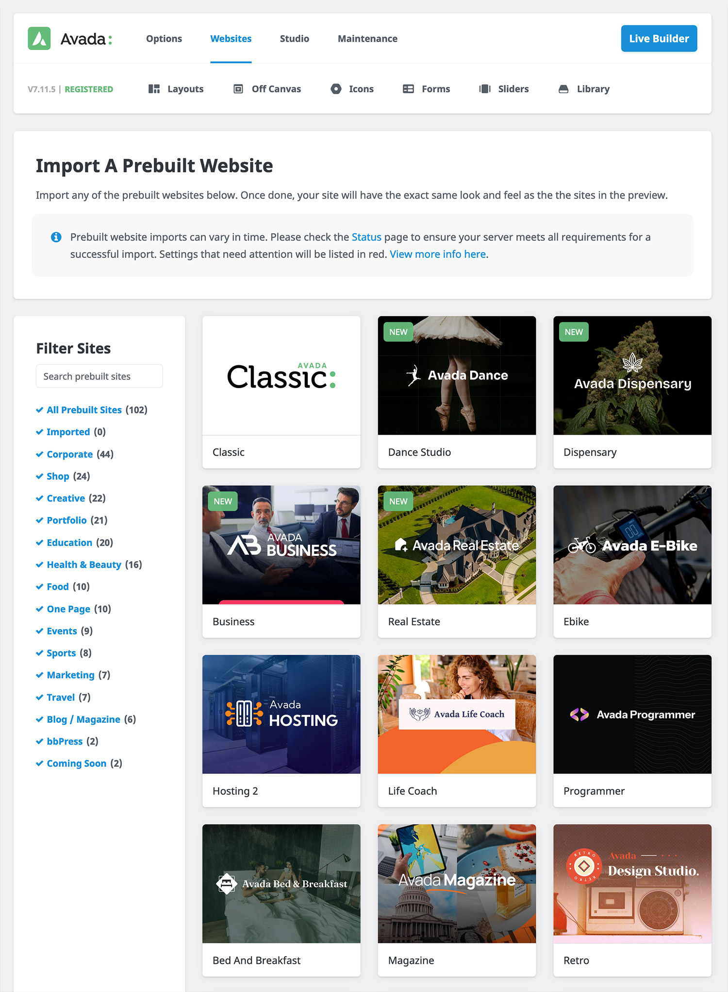 Avada Prebuilt Websites